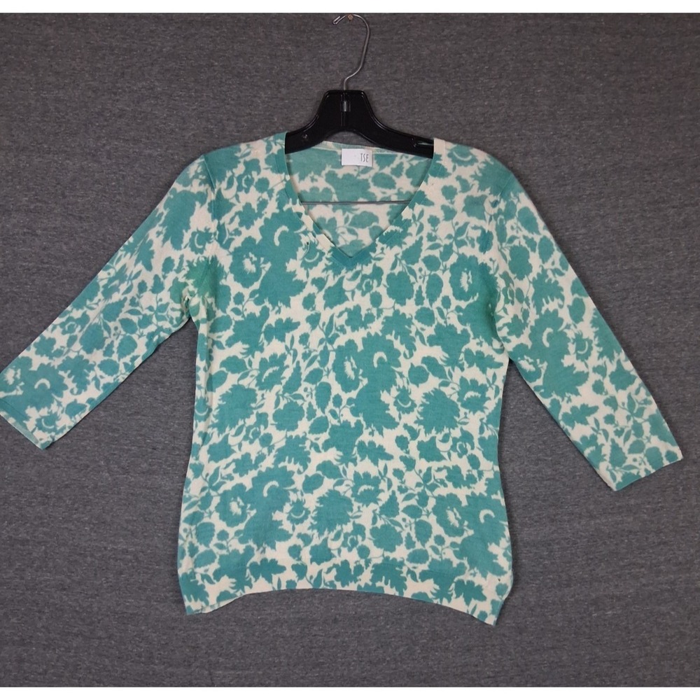 TSE Womens Sweater‎ Large Blue White Floral 100% Cashmere Wool Soft Flaw